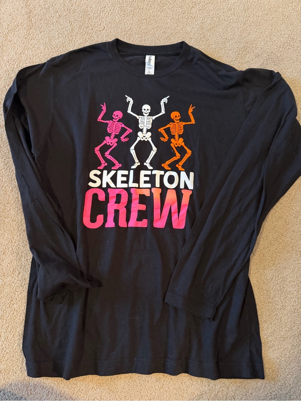 Tultex Black Long-Sleeve "Skeleton Crew" Graphic Tee - Pink, White, Orange